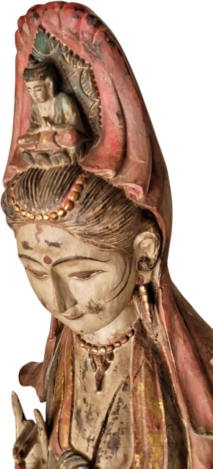 Antique Guan Yin Buddhist Goddess of Mercy Wood Carving Statue