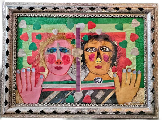 Rodolfo Morales mixed media artwork Dolls Without Borders with vibrant textiles and embossed tin frame