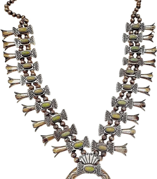 Squash Blossom Native American Silver Nevada Turquoise Necklace Signed