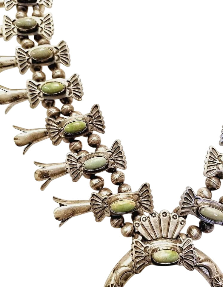 Squash Blossom Native American Silver Nevada Turquoise Necklace Signed