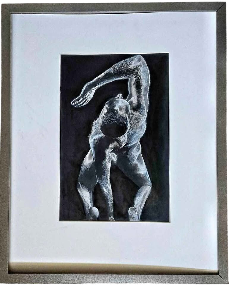 Black Charcoal and Pencil Male Figure Drawing Framed