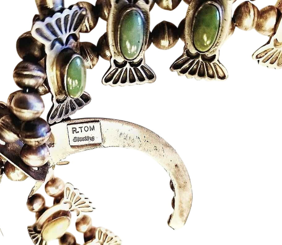 Squash Blossom Native American Silver Nevada Turquoise Necklace Signed