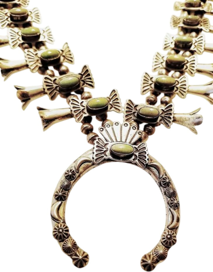 Squash Blossom Native American Silver Nevada Turquoise Necklace Signed