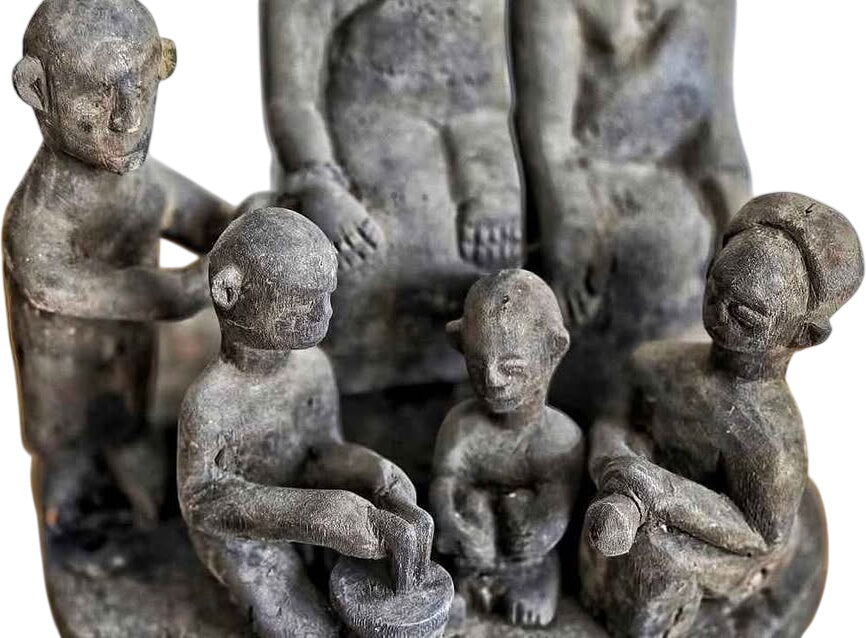 Antique African Royal Family Portrait Wood Carving