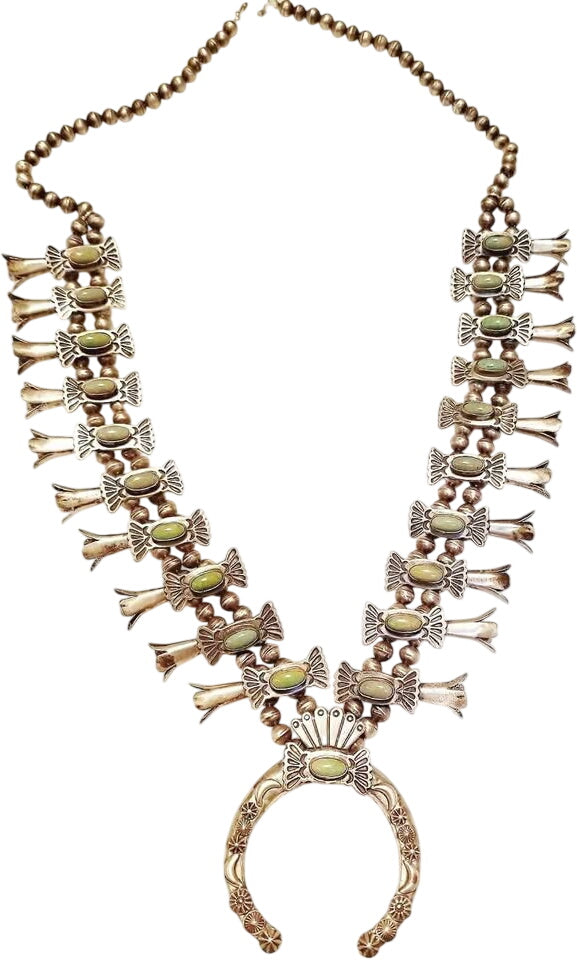 Squash Blossom Native American Silver Nevada Turquoise Necklace Signed