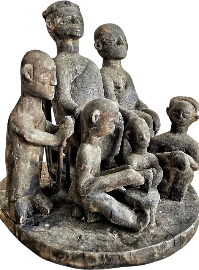 Antique African Royal Family Portrait Wood Carving